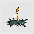 christmas candle with holly on a gray background. Doodle style isolated drawing
