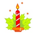 Christmas candle with holly ilex leaves. Colorful icon