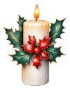 Christmas candle with holly isolated on white background Royalty Free Stock Photo