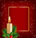 Christmas Candle, holly, pine and frame on red Royalty Free Stock Photo