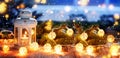 Christmas candle lantern, Christmas and New Year background, Banner. Royalty Free Stock Photo