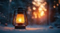 Christmas candle lantern in snow against blurred background. Selective focus and shallow depth of field Royalty Free Stock Photo