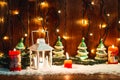 Christmas candle lantern and Christmas tree branches, snow, snowflake and decorations on bokeh background blurred lig Royalty Free Stock Photo