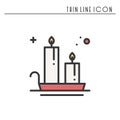 Christmas candle line outline icon. New Year two burning candles with bright flame. Light burn wax. Vector simple winter Royalty Free Stock Photo