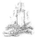 Christmas Candle with Spruce and Mistletoe Branches Drawing