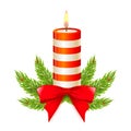 Christmas candle with stripes, bow and fir branches. Design elelement for New Year greeting cards. Isolated and editable vector