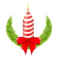 Christmas candle with stripes, bow and fir branches. Design elelement for New Year greeting cards. Isolated and editable vector