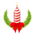 Christmas candle with stripes, bow and fir branches. Design element for New Year greeting cards. Isolated and editable vector