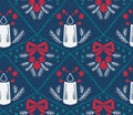 Christmas candle vector damask pattern seamless blue Royalty Free Stock Photo