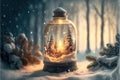 Christmas candle in winter snow landscape with magic lights. Xmas Panorama, Banner. First Advent Sunday. Generative AI