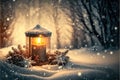 Christmas candle in winter snow landscape with magic lights. Xmas Panorama, Banner. First Advent Sunday. Generative AI