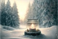 Christmas candle in winter snow landscape with magic lights. Xmas Panorama, Banner. First Advent Sunday. Generative AI