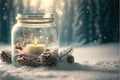 Christmas candle in winter snow landscape with magic lights. Xmas Panorama, Banner. First Advent Sunday. Generative AI