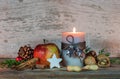 Christmas candle with star cookie, red apple, nuts and spices Royalty Free Stock Photo