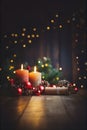 Christmas Candles Baubles Table Bokeh Lights Winter Background Royalty Free Stock Photo