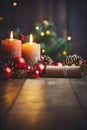 Christmas Candles Baubles Table Bokeh Lights Winter Background Royalty Free Stock Photo