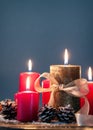 Christmas candles with christmas decorations, christmas or new year atmosphere Royalty Free Stock Photo