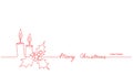 Christmas candles and holly berry simple red outlines and Merry Christmas text background. One continuous line vector Royalty Free Stock Photo