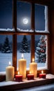 Christmas Candles And A Snowy Window, Under The Soft Glow Of Moonligh. Generative AI Royalty Free Stock Photo