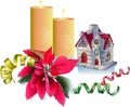 Christmas candles surrounded by red poinsettia flowers