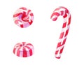 Christmas candy cane with bow and Holly berry set. Watercolor hand drawn illustration, on white background Royalty Free Stock Photo