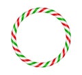 Christmas candy cane circle frame with red and green striped. Xmas border with striped candy lollipop pattern. Blank