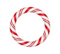 Christmas candy cane circle frame with red and white striped. Xmas border with striped candy lollipop pattern. Blank