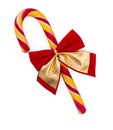 Christmas Candy Cane With Red And Gold Bow Isolated On White Background, Top View