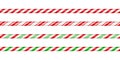 Christmas candy cane straight line border with red and green striped. Xmas seamless line with striped candy lollipop Royalty Free Stock Photo