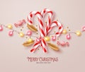 Christmas candy cane vector design background. Merry christmas and happy new year text with candy cane and candy elements Royalty Free Stock Photo