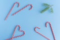 Christmas candy canes and fir branches flat lay Royalty Free Stock Photo