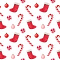 Christmas candy canes and lollipop, red sock for gifts and Christmas balls. Seamless pattern with watercolor hand drawn Royalty Free Stock Photo