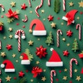 Christmas candy canes, red stars and paper santa caps on a green background