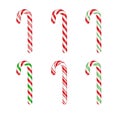 Christmas candy canes set. Christmas stick. Traditional xmas candy with red, green and white stripes. Santa caramel cane