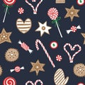Christmas candy and cookie seamless pattern. Flat red and white sweet cane, lollipop, bonbons.