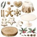 Christmas candy set: cake,gingerbread coocies,cinnamon,stars anise,chocolate, pine branches,cotton, hollyberry