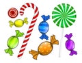 Christmas candy set. Colorful wrapped sweet, lollipop, cane. Vector illustration isolated on a white background.