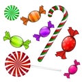 Christmas candy set. Colorful wrapped sweet, lollipop, cane. Vector illustration on a white background.