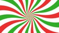 Christmas candy swirl background. Christmas candycane radial pattern with red and green stripes. Xmas swirl lollipop