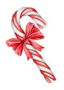 Christmas cane with a ribbon watercolor illustration. Traditional winter xmas striped white and red treat with a bow. Isolated on