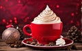 Christmas Cappuccino with whipped cream in red cup on wooden table with christmas Royalty Free Stock Photo