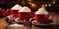 Christmas Cappuccinos with whipped cream in red cup on wooden background Royalty Free Stock Photo