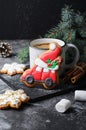 Christmas Car Gingerbread Cookie on Dark Background, Christmas Treat Royalty Free Stock Photo