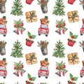 Christmas car and holiday fir tree seamless pattern. Watercolor hand painted red car with gift boxes, pine branches, decorations Royalty Free Stock Photo