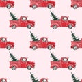 Festive Christmas seamless pattern with watercolor red and blue pick up truck and fir trees on white background Royalty Free Stock Photo