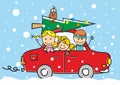 Christmas car on roof of red car, Children driving vehicle, bird on tree, humorous vector picture