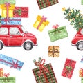 Christmas car seamless pattern. Watercolor hand painted vintage red car with holiday tree, lights garland, gift boxes on white Royalty Free Stock Photo