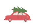 Christmas car toy delivery christmas tree, retro, vintage. Vector illustration cartoon flat style Royalty Free Stock Photo