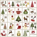 Christmas advent calendar with Christmas symbols.Winter holidays poster Royalty Free Stock Photo