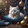 Christmas card of a Angora cat laying on a nice soft blanket, with Christmas decorations